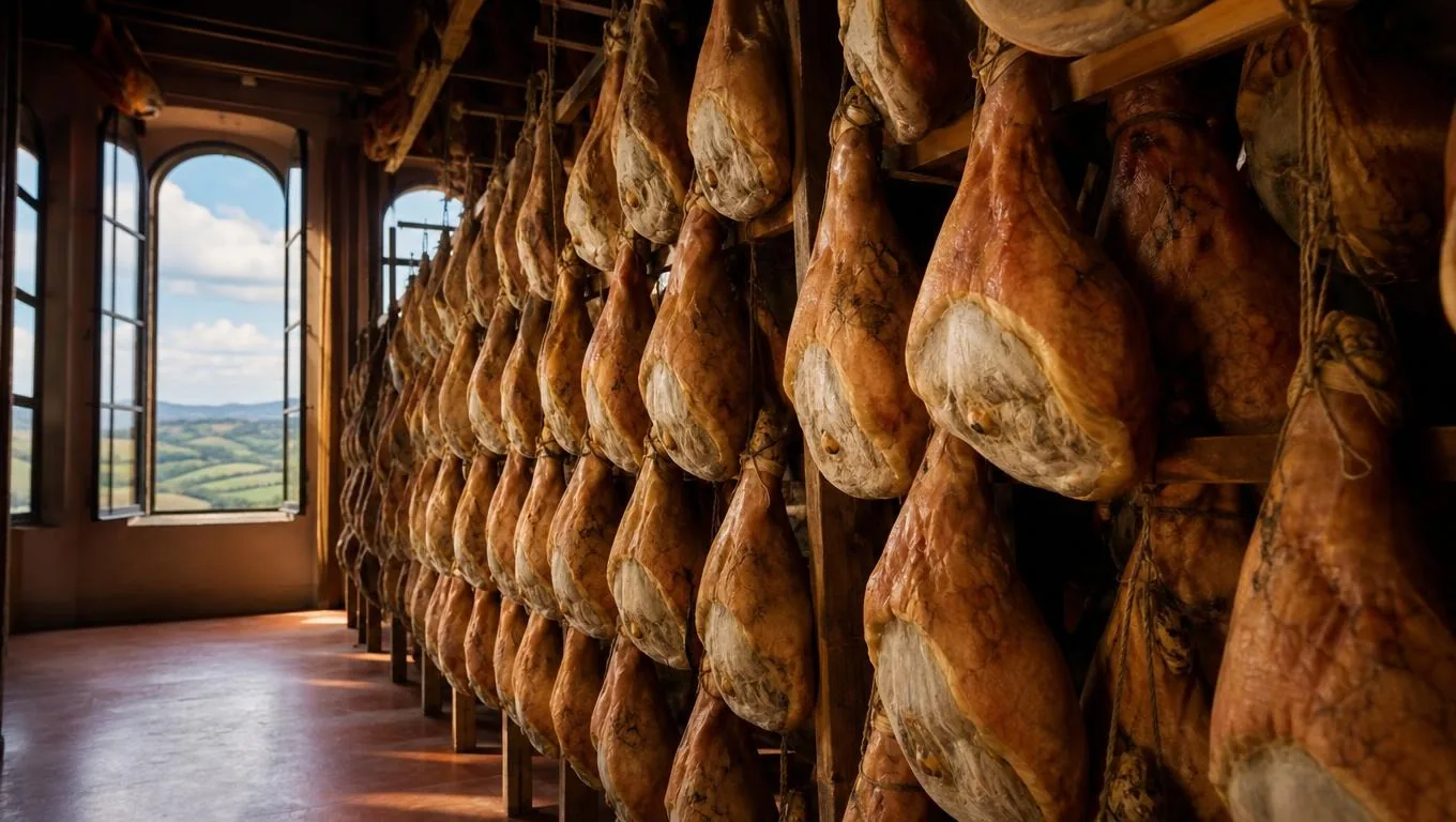 Parma-Schinken und Parmigiano Reggiano für eine Verkostung angerichtet