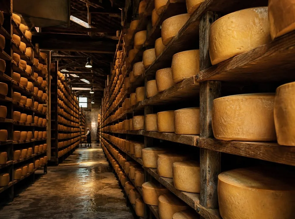 Rangs de meules de Parmigiano Reggiano sur de hautes étagères dans un entrepôt d’affinage