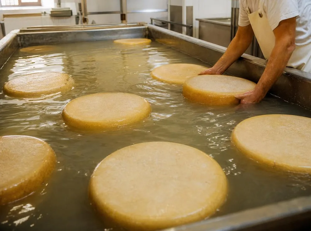 Meules flottant dans la salle de saumure d’une fromagerie