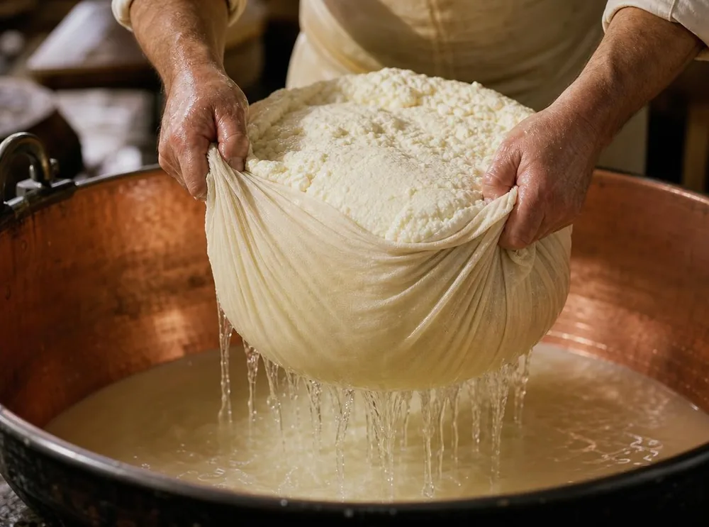 Maîtres fromagers soulevant le caillé hors d’une cuve en cuivre dans un linge