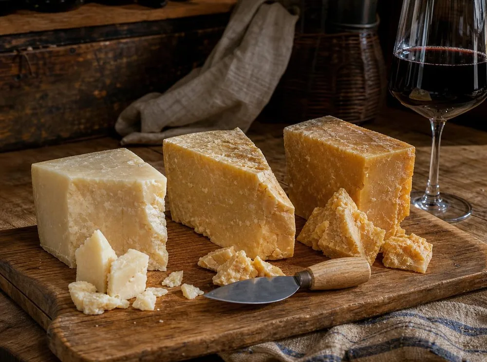 Morceaux de Parmigiano Reggiano d’âges différents disposés pour une dégustation